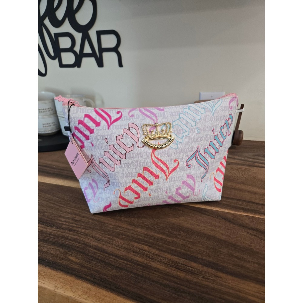 Juicy Couture Makeup Bag Gothic Logo Print Gold Crown White Pink Multi